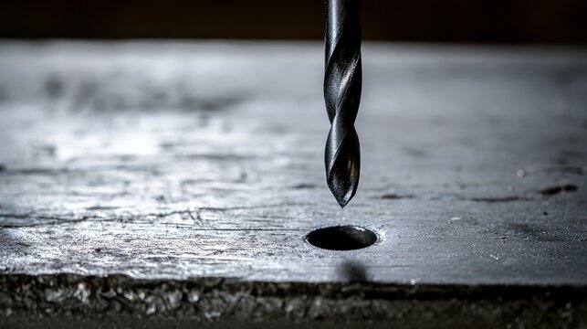 Close-up of drill bit exiting metal plate with smooth hole edge, precision machining shop visual