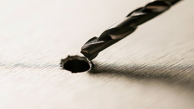 High-shine drill bit retracting from metal plate with perfect hole, ideal for industrial equipment advertising