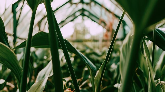 Tropical plants adapting to temperate climate in greenhouse, lush greenery, glass structure, soft filtered light