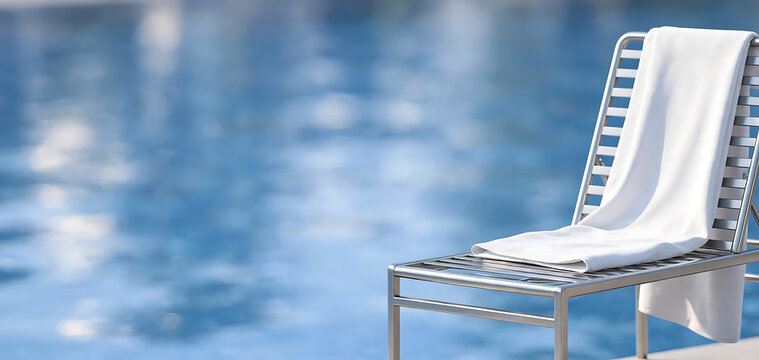Luxury poolside lounge chair with a fresh white towel at a sunny tropical resort during summer vacation