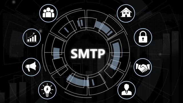 Advanced smtp protocol technology concept featuring digital interface hud with global network communication for secure corporate email infrastructure, data transmission, and cyber security solutions