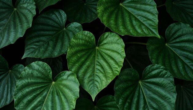Close-up overhead shot of dense green heart-shaped leaves with prominent veins