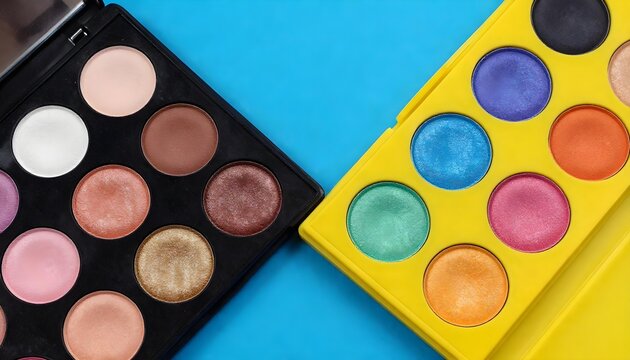 Two colorful makeup palettes with various shades of eyeshadows arranged diagonally