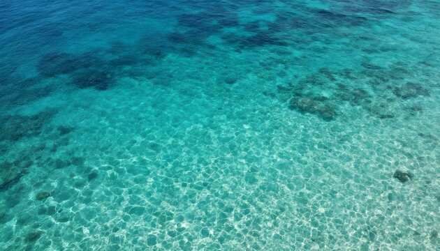 Aerial view of crystal clear turquoise ocean water with sunlight patterns on the seabed