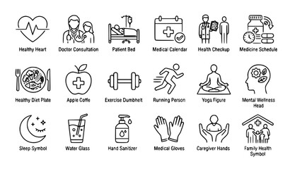 Fototapeta premium Healthcare Wellness and Patient Care Thin Line Icon Set 18 Editable Stroke Medical Fitness Diet and Health Vector Symbols