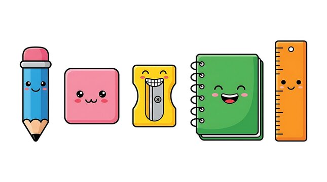 Cheerful animated school supplies set featuring happy pencil eraser notebook ruler for educational content with supplies expressive faces faces arranged horizontal