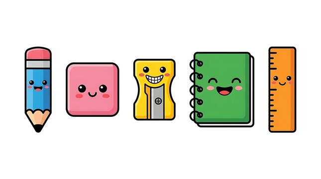 Colorful cartoon school supplies with happy faces displayed in row with each animated facial expressions arranged horizontally against plain white background