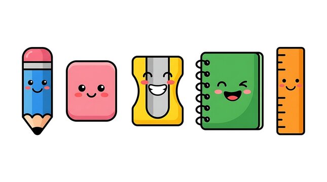 Colorful cartoon school supplies with happy faces arranged horizontally with each featuring expressive faces bright colors against clean white background