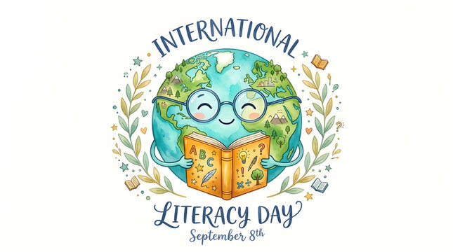 International literacy day september 8th globe character illustration with literacy, education