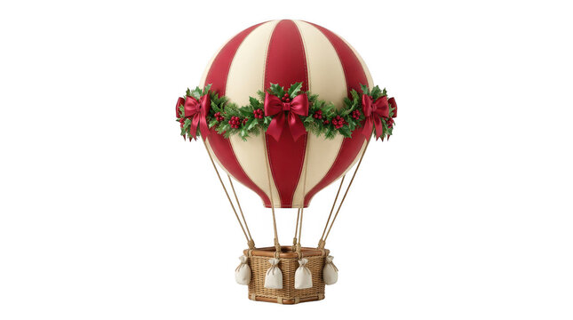 Red and white hot air balloon with christmas decorations isolated on transparent background