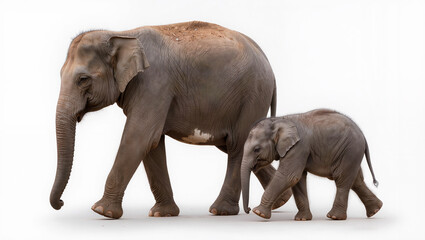 Fototapeta premium Adult and Baby Elephant Walking Together - Isolated on White Background