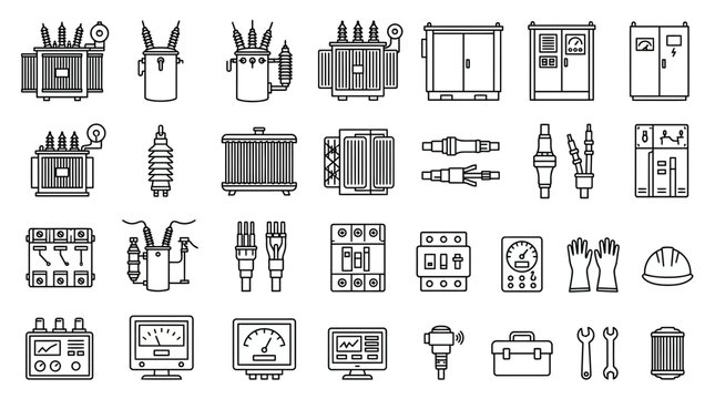 Electrical grid infrastructure and power distribution icons in minimalist monochrome vector style for industrial energy sector branding