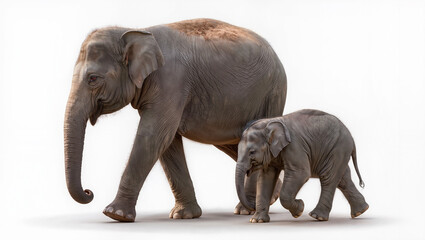 Fototapeta premium Adult and Baby Elephant Walking Together on White Background
