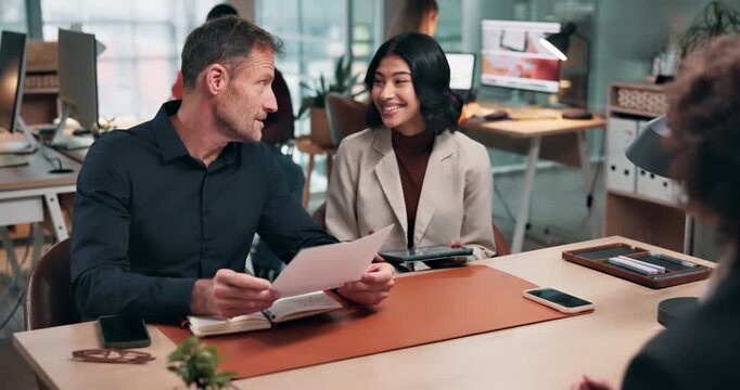 Job interview, resume and happy people with applicant in office, discussion and recruitment process. Company, HR and team with candidate for career opportunity, talking and review qualifications