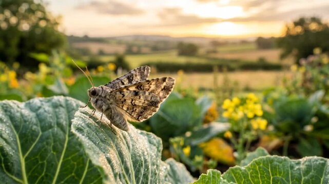cabbage moth on garden leaf in english countryside golden light close up video