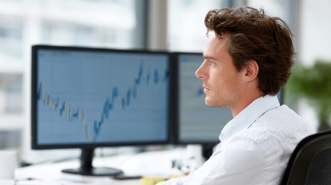 Man looking at stock market monitors with a composed expression while working in a bright office