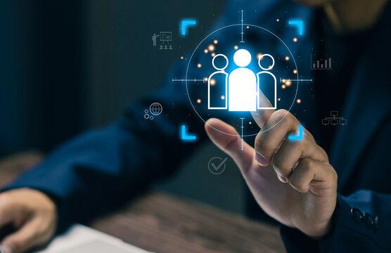 Businesswoman selecting human resources with digital recruitment interface, talent acquisition, employee management, hiring process and modern HR technology for business success.