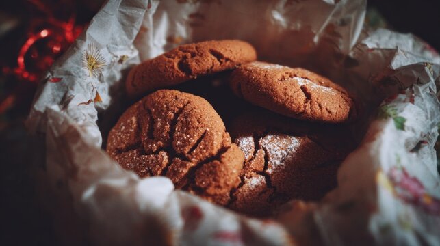 Broken pieces of home baked cookies rest inside a crumpled paper bag for a simple holiday gift