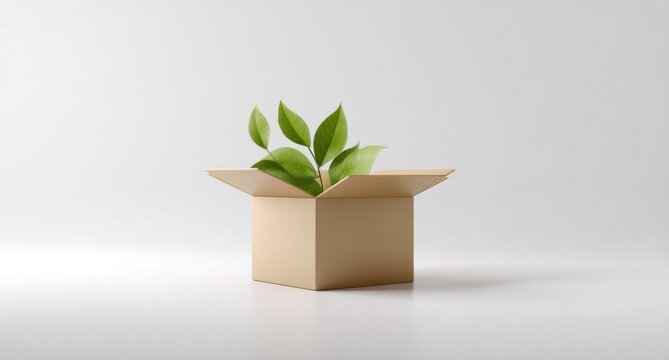 Fresh green leaves grow inside a cardboard box to represent eco friendly and sustainable choices