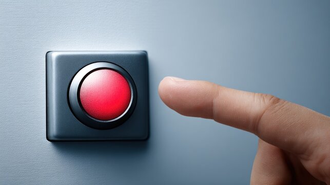 Human finger reaching toward a red button to trigger an alarm for immediate help and safety