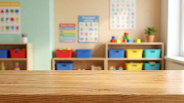 Empty wooden table in a blurred preschool classroom with colorful storage bins and educational posters