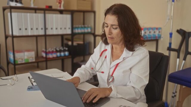 Woman doctor typing on laptop with stethoscope at desk in a medical building surrounded by shelves of binders and medicine bottles; focused care.