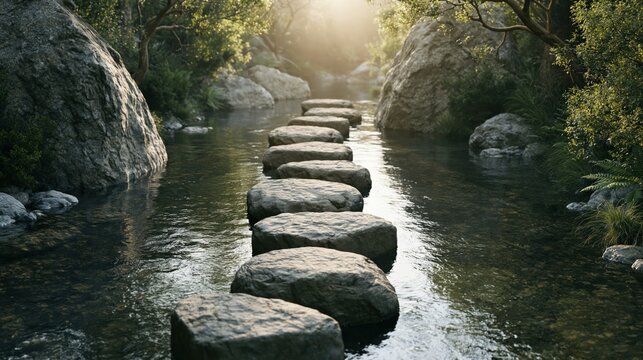 Incomplete stone path crossing a calm river during golden hour in a quiet forest setting