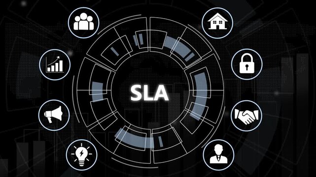 Service level agreement sla concept infographic with digital hud interface featuring business for corporate strategy, client partnership, data security, and performance management solutions