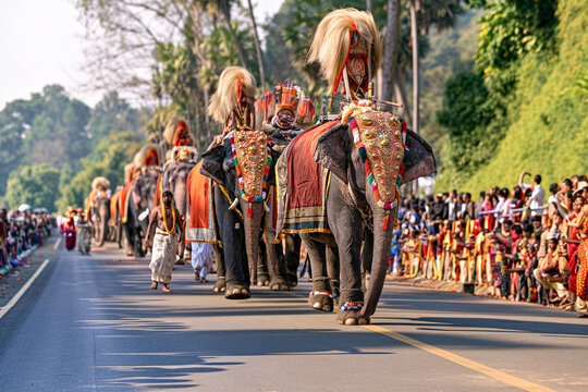 Decorated Asian Elephants Taking Part in a Traditional Cultural