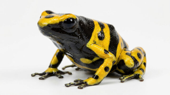 Black and yellow poison dart frog on white background