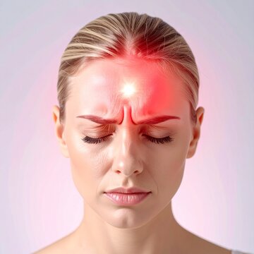 Woman experiencing severe sinus forehead pressure with an intense red glowing pain spot.