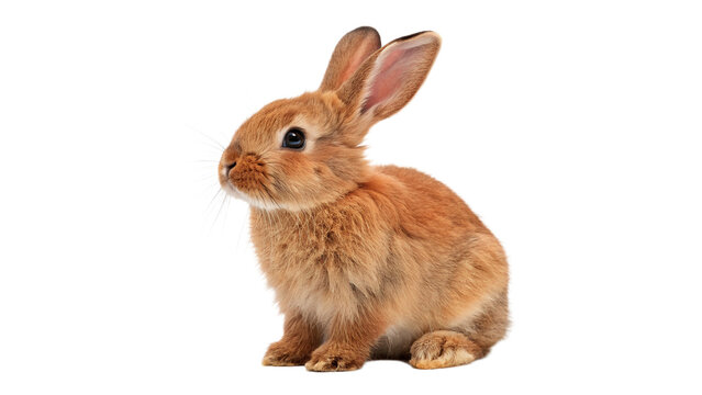 Cute little brown furry rabbit bunny sitting calmly looking forward soft domestic pet animal isolated on transparent background