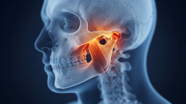 Anatomical 3D illustration of a human skull in profile, highlighting the temporomandibular joint and masseter muscle in glowing orange to represent TMJ disorder, jaw pain, clenching, teeth grinding...