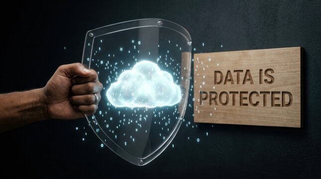 Human hand holding a transparent shield protecting a glowing digital cloud icon with floating binary code next to a wooden sign with DATA IS PROTECTED text on a dark background.