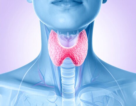 Thyroid gland anatomy highlights the pink endocrine organ within a translucent blue human neck and chest silhouette.