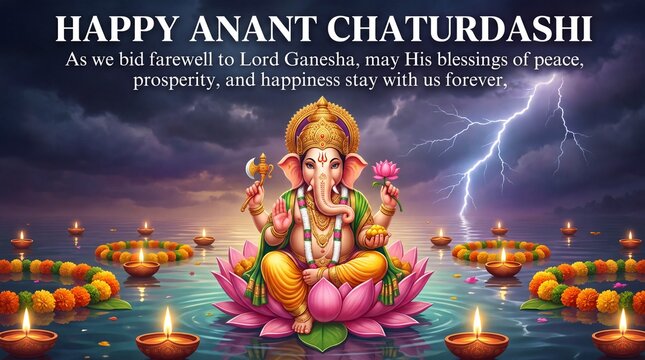 Ganesha statue on float in water with flowers and candles on anant chaturdashi