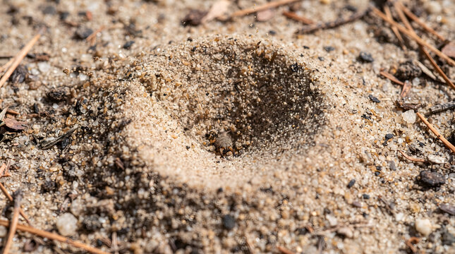 Macro photograph of an antlion larva hiding at the bottom of its sandy pit trap, waiting for prey with pincers ready. The conical funnel-shaped trap is dug into loose dry sand on the forest floor w...