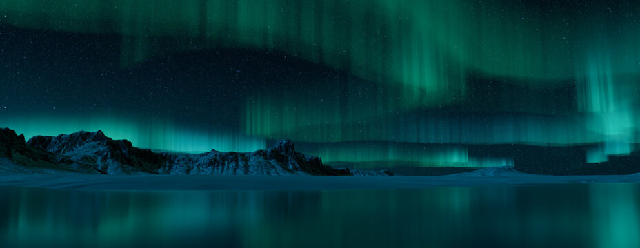 Majestic Sky with Aurora and Stars. Blue Northern Lights Background with copy-space.