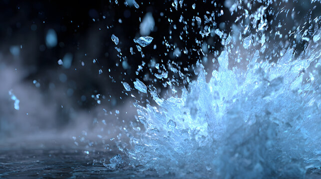 Blue water splash frozen motion dark background dramatic scene liquid spray clear water ripple surface dynamic burst shallow depth