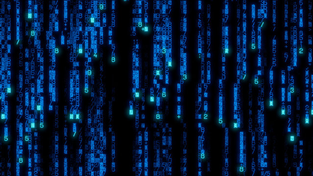 Futuristic digital background featuring a complex array of vertical blue and green lines interspersed with binary code and symbols on a black background, ideal for smart home technology