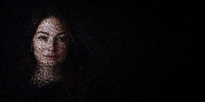 Digital ID Portrait of Woman with Face made up of Numbers and Symbols. Anonymization Concept with copy-space.