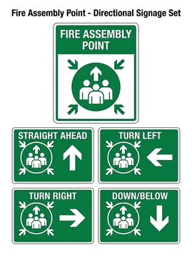 Fire assembly point and directional emergency evacuation signage set