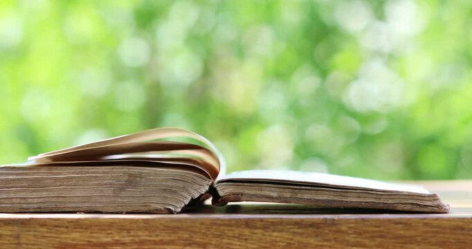 Opened book with turning pages on wind against nature green bokeh background, flipping pages concept as love to reading, learning, outdoor study and relaxation.