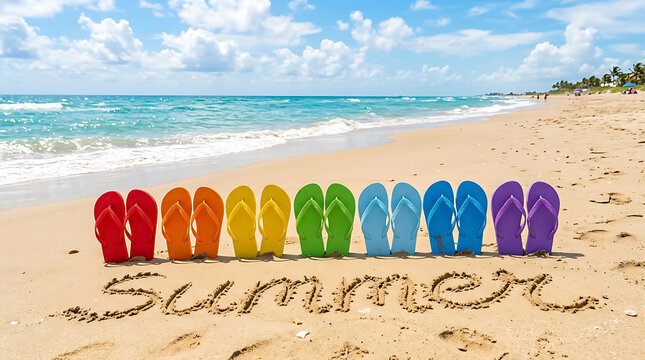 Colorful flip-flops lined up on the sandy beach with the word summer written in the sand against a blue ocean and sky background