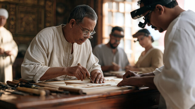 Egyptian-inspired veneering craftspeople in a luxury interior workshop, a multicultural group of four artisans inlaying felucca boat motifs into a fine wood panel surface,