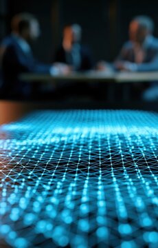 Luminous blue network grid pattern with glowing nodes on a surface in a meeting setting