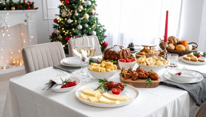 Fototapeta premium Elegant Christmas Dinner Table Setting with Festive Decorations Gourmet Buffet Dishes Fresh Salad Glassware and Restaurant Style Holiday Celebration Dining Experience