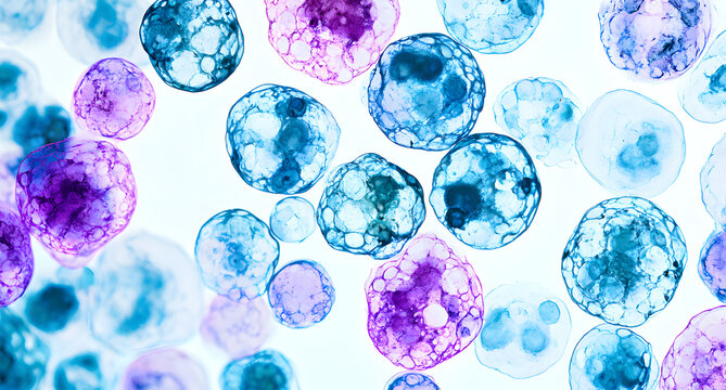Microscopic Examination of Cells with Blue and Purple Colours on a Clear Background