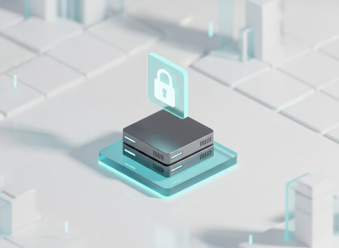 Data server with glowing padlock icon for digital security and privacy