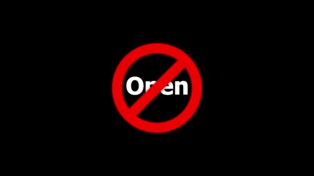 Prohibited access sign animation: red circle slash over open text concept banned barrier caution